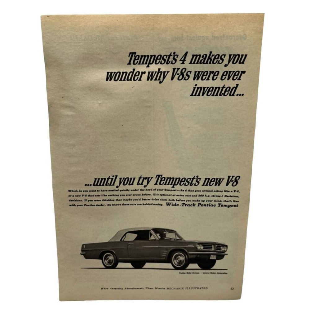 Vintage 1963 Print Ad Pontiac Tempest Wide Track Car Auto V-8 Original Ad